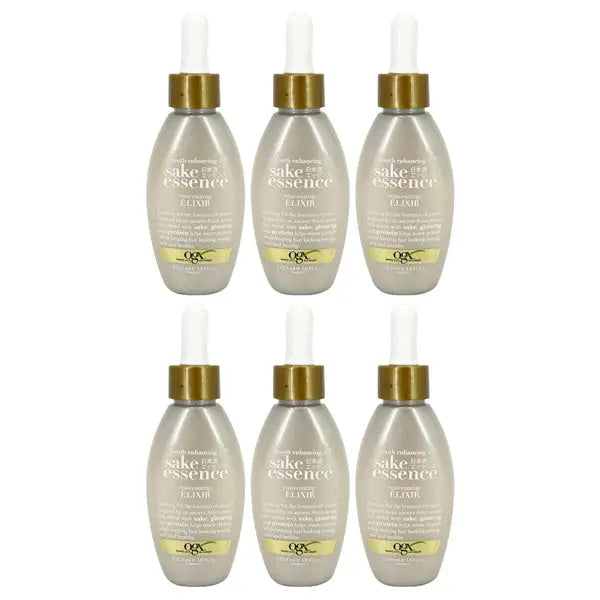 Six bottles of OGX Youth Enhancing + Sake Essence Rejuvenating Elixir with dropper caps are arranged in two rows of three on a white background. Each 3.8 fl oz bottle features a sulfate-free formula for youthful hair.